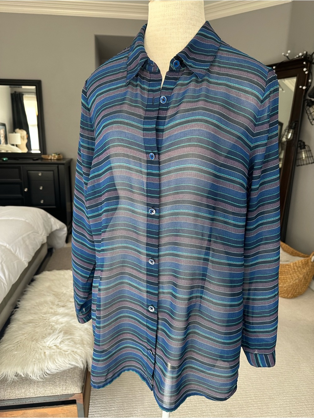 CAbi Striped Blue & Teal Sheer Button-Down Blouse size XL